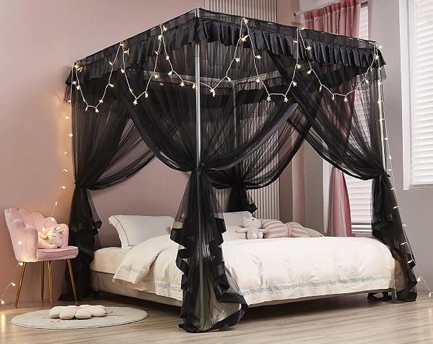 Mengersi 4 Corner Post Bed Canopy Bed Curtains Mosquito Net Bedroom Decoration Accessories (Twin, Black) thumbnail 2