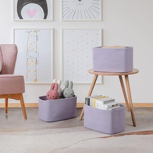 Cotton Rope storage Basket Bins Woven Basket for Organizing Shelves 15X10X9.3" Rectangle Decorative Baskets For storage Clothes Toys Books Towels Nursery basket organizer 3 pack purple or lavender thumbnail 6