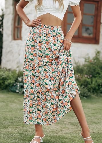 KIRUNDO Women's 2025 Fall High Waist Boho Floral Maxi Skirt Trendy Casual Flowy Swing Pleated A Line Beach Long Skirts thumbnail 4