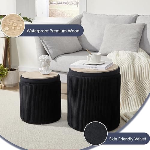 Royal Windsor Round Ottoman with Storage Set of 2,Vanity Stool with Storage for Bedroom, Ottoman Coffee Table,Small Velvet Foot Stool for Living Room, Black thumbnail 6