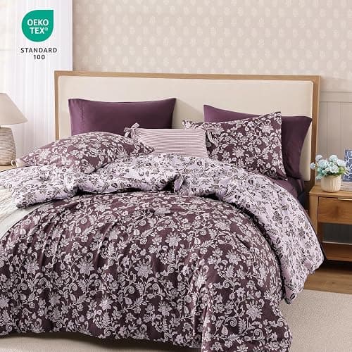 BLOOMHAVEN Queen Comforter Set -7 Pieces Floral Dark Purple Comforter Set for All Seasons, Bed in a Bag Queen with Botanical Flowers Comforter, Sheets, Pillowcases & Shams thumbnail 2
