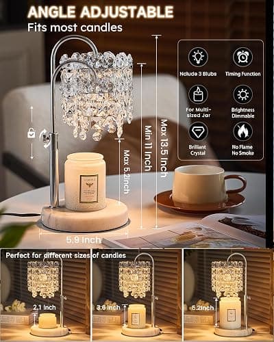 Candle Warmer Lamp with Timer Dimmer Adjustable Height Candle Warmer with Marble Base for Jar Candles, Crystal Candle Lamp with 3 Bulbs for New Home Decor, Women Mom Christmas Birthday Gifts, Silver thumbnail 2