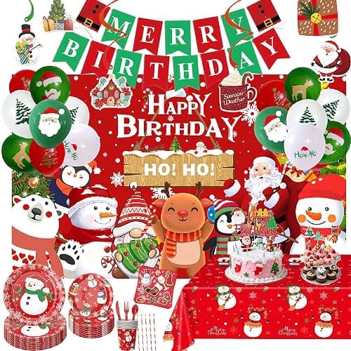 Merry Themed Happy Birthday Party Decorations,Christmas Supplies Plates Napkins, Cups Tableware, Birthday Banner, Cake Topper Snowman Backdrop Tablecloth, Colorful Printed Balloons for Kids and Adults - Image 1