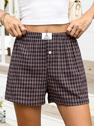 ANRABESS Boxer Shorts for Women Gingham Pajama 2026 Summer Casual Lounge Sleep Plaid Shorts Y2K Beach Bottoms thumbnail 2