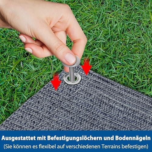 FIVMEN Tapis d'auvent - 400 x 600 cm - Tapis de camping - Antidérapant - Lavable - Avec trous - Piquets et sac de transport - Gris et bleu thumbnail 4