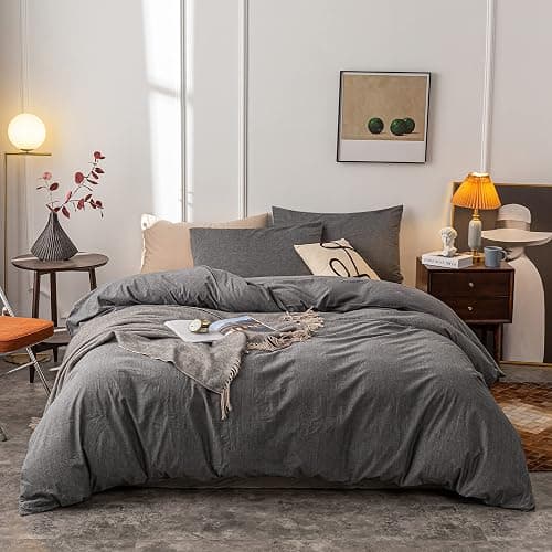 Janlive Washed Cotton Duvet Cover Full Ultra Soft 100% Cotton Solid Color Gray Duvet Cover Set with Zipper Closure -3 Pieces Grey Full - Image 1