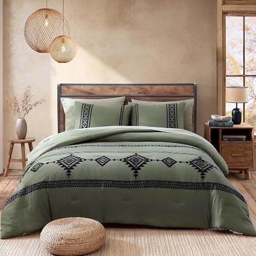 MaiRêve Olive Green Embroidery Comforters Set Queen Size - 7 Pieces, Farmhouse Western Bedding All Season Bed in A Bag Queen, Boho Comforter Set with Sheets, Pillowcases & Shams thumbnail 5