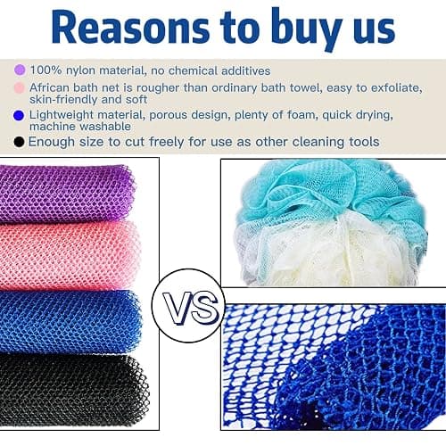 African Exfoliating Net, 4 Pieces African Net Sponge, Nylon African Bath Sponge Net, African Net Long Net Bath Sponge Shower Body Scrubber thumbnail 3