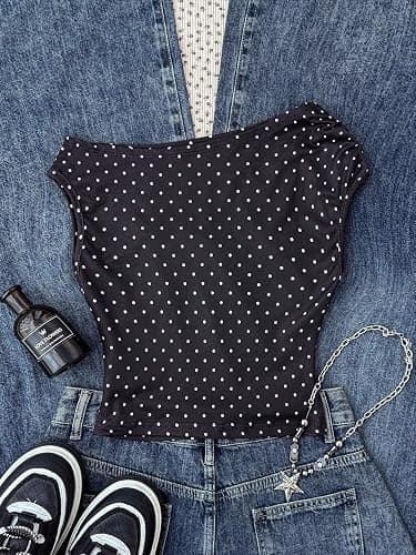 GORGLITTER Girl's Polka Dots Crop Tops Y2K Off The Shoulder Ruched Cinched Waist Tank Top Trendy Fashion thumbnail 2