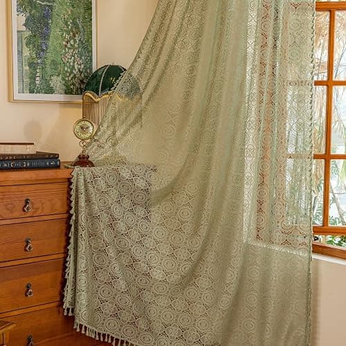 YJ YANJUN Boho Lace Curtains 84 Inches Long, Vintage Crochet Doily Pattern, Spring Sage Green Sheer Curtains for Living Room Bedroom Nursery, Farmhouse & Cottage Chic Style, W59 x L84-2 Panels thumbnail 2