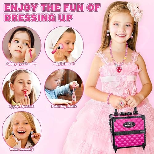 99 Pcs Kids Makeup Kit for Girls, Princess Toys Real Washable Cosmetics Set with Mirror, Hair Ties, Nails, Rings, Earrings, Necklace, Perfect for 3 4 5 6 7 8 Year Old Girls Birthday thumbnail 6