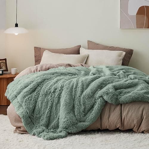 Bedsure GentleSoft Fuzzy Sherpa Faux Fur Twin Blanket Sage Green Cozy Gifts for Women Men, Soft Fleece Plush Warm Minky Thick Blanket Twin Size for Bed, Dorm Essentials Sage Room Decor Gifts, 60x80 thumbnail 2