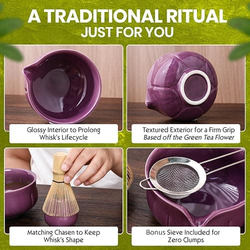 MEAZDUS Matcha Whisk Set – 5 Piece Japanese Matcha Tea Set w/Ceramic Matcha Bowl, 100-Prong Bamboo Whisk & Holder, Scoop, & Stainless Sifter – Traditional Matcha Making Kit (Midnight Purple) thumbnail 4