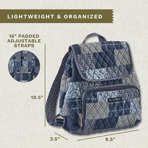 Bella Taylor Mini Backpack, Quilted Hands-Free Bag, Heritage Blue Patch | Lightweight 6-pocket quilted cotton backpack, adjustable straps, machine washable, fits water bottle, tablet, snacks, wallet thumbnail 3