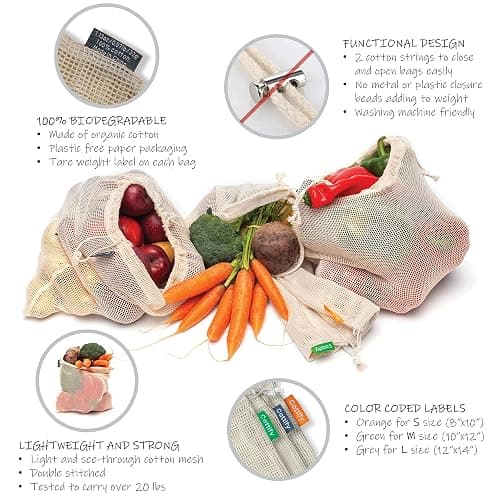 12+1 Reusable Produce Bags Grocery Washable, Organic Cotton Mesh Produce Bags, Double-Stitched & Tare Weigh, Mesh bags for vegetables, Cotton Produce Bags Reusable Washable, Produce bag 4xS, 4xM, 4xL thumbnail 4