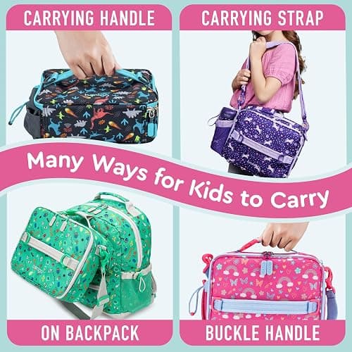 Bentgo Kids Lunch Bag - Double-Insulated, Reusable Lunch Bag for Kids 3+ with Adjustable Strap; Holds Lunch Box/Water Bottle/Snacks; Easy-Clean, Water-Resistant & Pockets (Rainbows & Butterflies) thumbnail 4