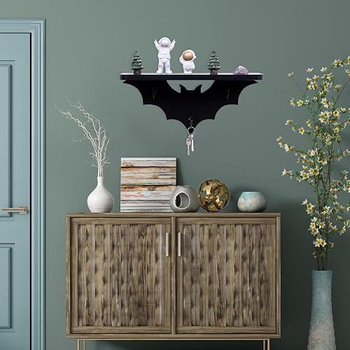 Bat Shelf Floating Shelves for Wall,15.5 inch Wall Shelf with 3 Key Hooks,Black Shelves for Living Room Bedroom Kitchen Gothroom thumbnail 2