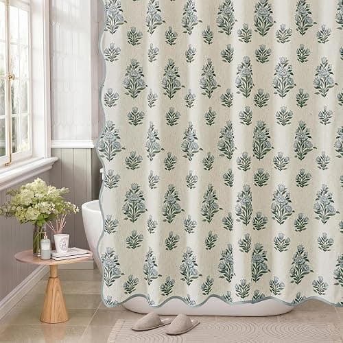 PROCIDA Green Scalloped Shower Curtain- Blue Block Print Floral, 72x72 Inch Linen Blend Bathroom Curtain with 12 Metal Hooks, Botanical Flower Bath Curtain for Country Bathrooms. - Image 1