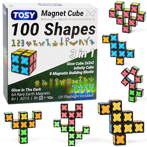 TOSY Magnet Cube 2x2-8 Blocks, 2 in 1 Toy: 2x2x2 Puzzle Cube and Customizable Infinity Cube, Glowing, UV Flashlight, Fidget/Sensory/STEM/STEAM Magnet Tiles Birthday Gift for kids/teens/adults - Image 1