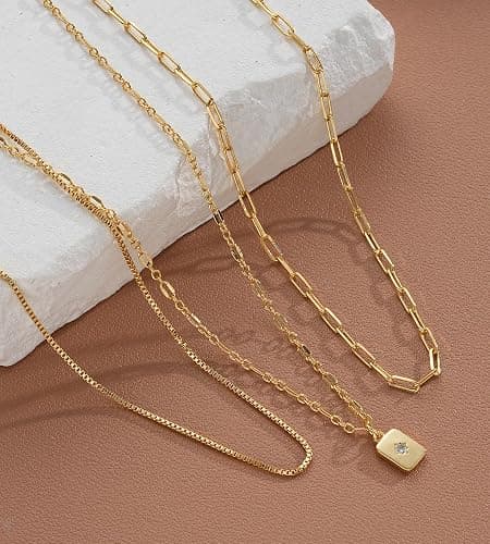 YEEZII Layered Gold Necklaces for Women Trendy, 3 Pcs 14K Gold Plated Choker Paperclip Box Chain Necklace, Stackable Women's Gold Pendant Necklaces Jewelry Set thumbnail 8
