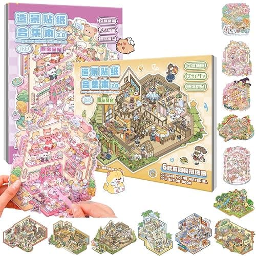 12 Sets of Big DIY 3D Sticker Scene, 2 Sticker Books of Cute Kawaii Animals and Party 3D Scene Stickers, Make Your Own DIY Miniature House Scenes for Stress Relief - Image 1
