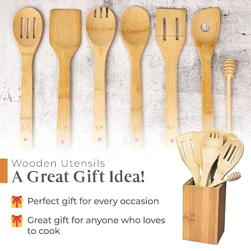 IGA Organic Bamboo Cooking Utensils Set Spoons, Spatulas With Holder For High Heat Resistant In Nonstick Pots, Pans & Cast Irons Skillets (8-Piece Set) Great Gift Idea For Everyday Use thumbnail 6