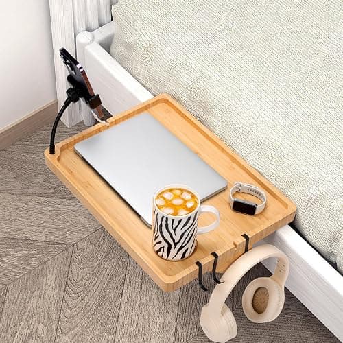 Fivebop Bedside Shelf for Dorm Bed & Top Bunk, Bamboo Bed Side Table Tray with Cup Phone Holder & Hooks, Bedside Caddy, Clip on Nightstand Bedside Storage College Dorm Room Essentials (Bamboo) thumbnail 2