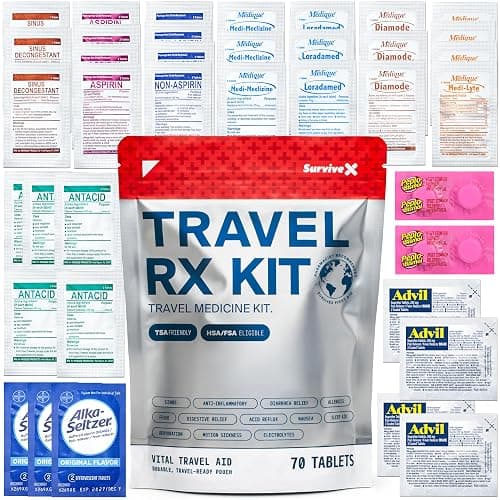 SurviveX Travel Medicine Kit - Compact TSA-Approved Medication Pack for Travel, Camping, Cruises - Includes Over-the-Counter Individual Medicine Packets - Image 1
