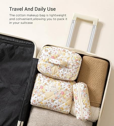HBselect 3 PCS Quilted Makeup Bag, Cotton Large Travel Makeup Bag, Cute Floral Coquette Make up Bag Cosmetic Bag Toiletry Bag for Women Girls thumbnail 4
