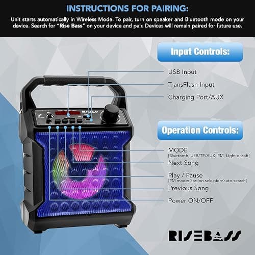 Risebass Portable Karaoke Machine with Microphone with Party Lights for Kids and Adults - Rechargeable USB Speaker Set with Bluetooth, FM Radio SD/TF Card, AUX-in, Birthday Gift for Boys and Girls thumbnail 5
