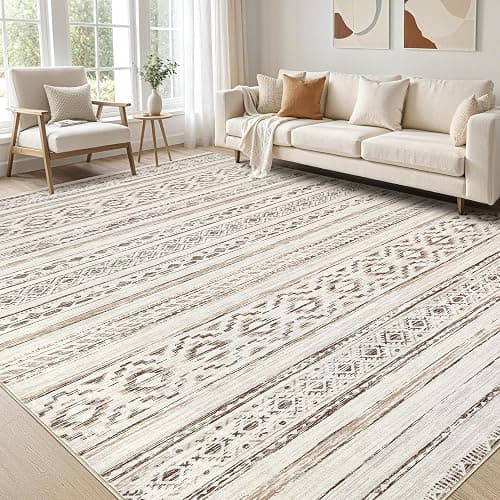 Large Living Room Area Rug 9x12: Soft Machine Washable Boho Moroccan Farmhouse Rugs for Bedroom Under Dining Table - Non-Slip Neutral Morden Indoor Floor Rug Carpet for Home Office Decor - Cream Brown - Image 1