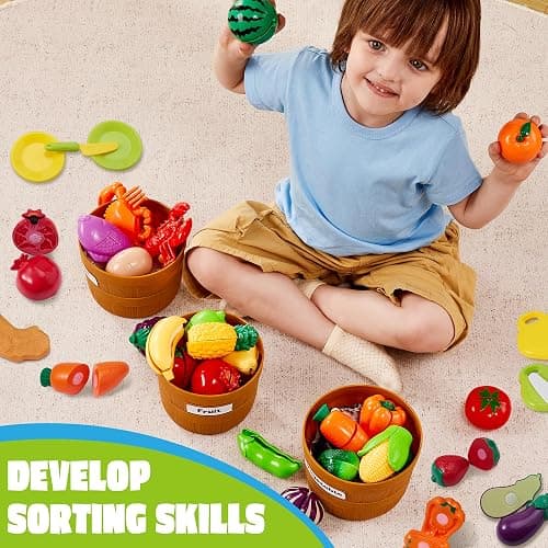 JOYIN Learning Toys Play Food Set for Toddlers, Cutting Food for Preschool Activities, Play Kitchen Accessories, Educational Toys, Color Sorting Set for Boys & Girls, Back to School Gifts for Toddlers thumbnail 8