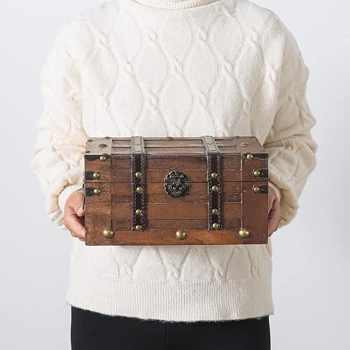 SLPR Alexander Small Wooden Treasure Chest - 11" x 7" x 5.5", Wood Storage Box with Hinged Lid, Decorative Trunk for Keepsakes, Vintage Pirate Chest for Classroom thumbnail 2