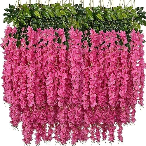 SVABLUM Artificial Wisteria Hanging Flowers Fake Wisteria Flower Garland Silk Vines Rattan Decor for Home Wedding Arch Wall Garden Greenery Bedroom Outdoor Office Party Decoration (24, Pink) - Image 1