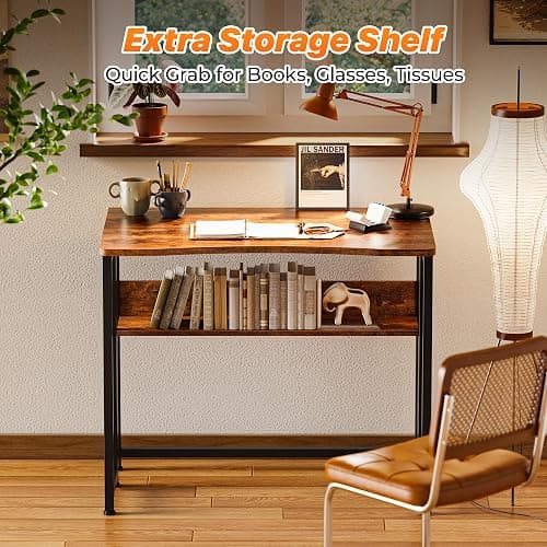Huuger Folding Desk with Storage Shelf, 31.5 Inch Foldable Computer Table for Small Spaces, Space Saving Sofa Table for Couch, Writing Work Office Computer Desk, Easy to Fold, Rustic Brown thumbnail 6