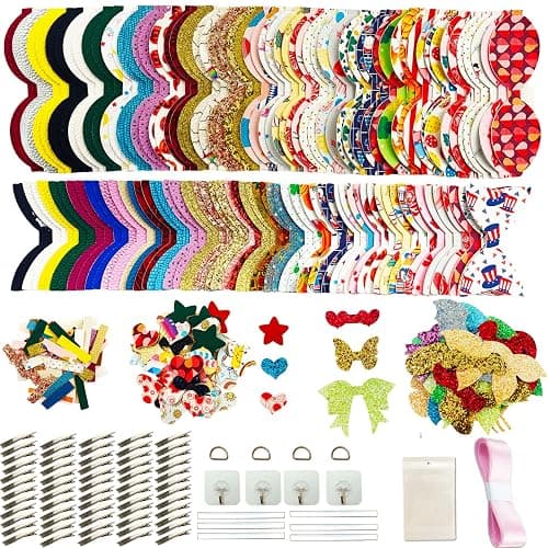 AOUXSEEM 348 Pcs 60 Set Faux Leather Hair Bows DIY Making Kit for Beginners, Contains Assorted Random Printed Glitter Solid Fabric Pre Cut Pieces, Make Stylish Girls Hair Clips - Image 1