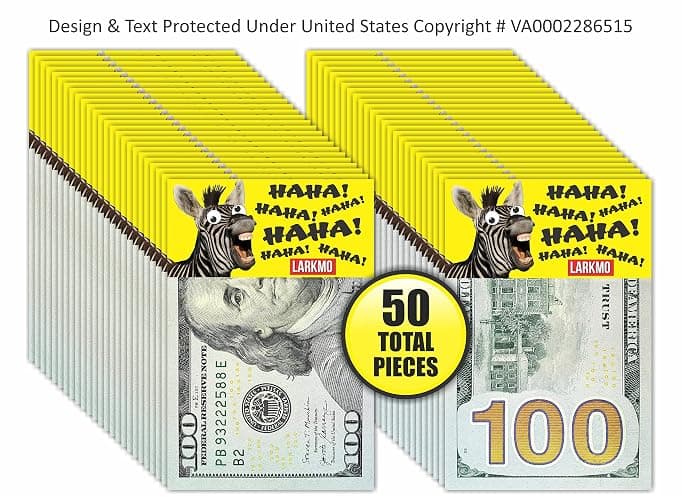 Larkmo The Pranking Zebra Funny $100 Gag, Realistic One Hundred Dollar Bill Joke Office Prank for Men, Women & Children, Great Practical Joke, Kit of 50 Pieces thumbnail 3