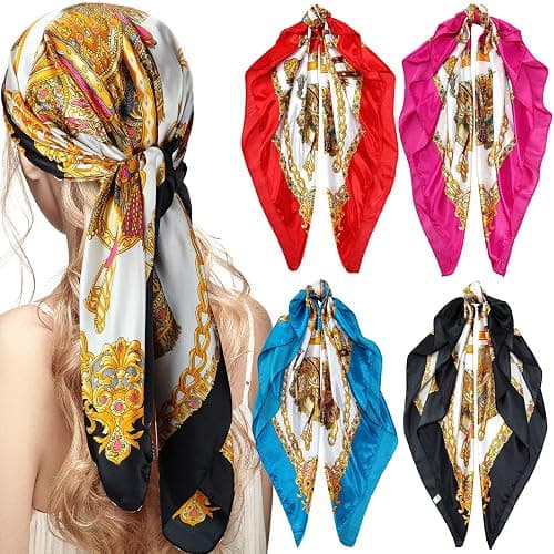 Honoson 4 Pcs 35 Inch Satin Head Scarf for Women's Hair Square Bandanas Large Silk Scarves for Sleeping - Image 1