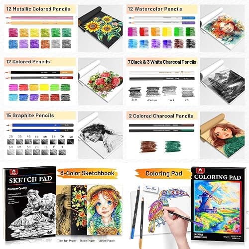 106 PCS Art Supplies Sketching Kit, Pro Drawing Pencils with 3-Color Sketchbook, Coloring Book, Colored Graphite Charcoal Watercolor & Metallic Pencils, Drawing Supplies Gifts for Artists Adults Kids thumbnail 5
