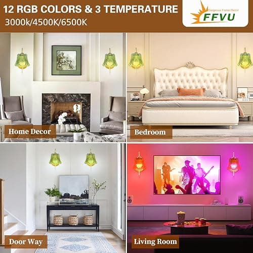 FFVU Wireless Wall Sconce with Flower lampshade, Battery Operated Wall Lights,Wall lamp with 15 Colors for Bedroom Living Room Home Decor (Green Flower,2 Light Battery Operated) thumbnail 3