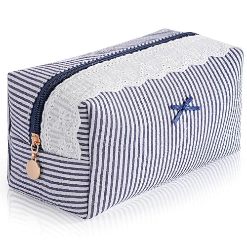 UUYUUY Makeup Bag Travel Toiletry Bag for Women, Small Cosmetic Bags with Lace Trim Cute Navy Stripe Aesthetic Organizer Makeup Pouch for Purse Emergency Bag for School Pencil Case Accessory Bag - Image 1