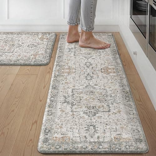 GENIMO Kitchen Mats for Floor 2PCs, Washable Anti Fatigue Mat for Cushioned, 17.3"x47"+17.3"x30", Waterproof Kitchen Rugs, Non Slip Comfort Standing Mat Rug for Home, Sink, Laundry, LightTaupeBrown - Image 1