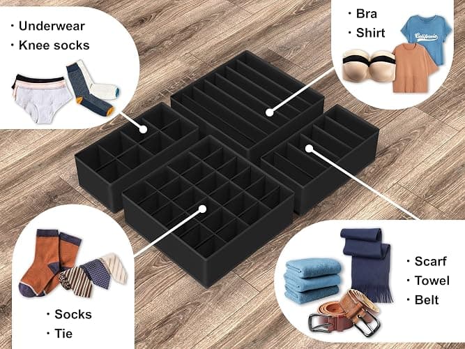 Simple Houseware 4-Pack Drawer Organizer Set - Closet Dividers for Underwear, Socks, Bras, Scarves, Ties - Foldable Non-Woven Storage Boxes, Black thumbnail 4