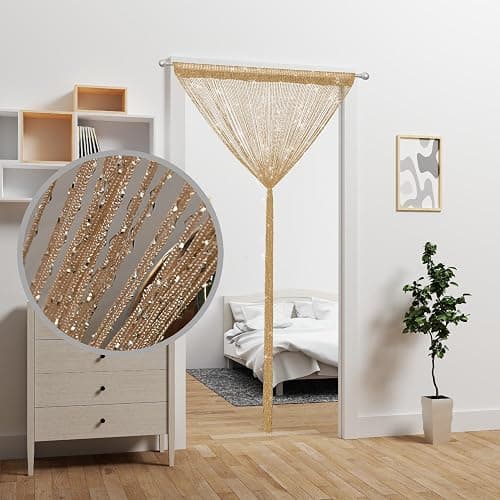 Atsweetlife Door String Curtain Doorway Beads Curtains,Hanging Room Divider Beaded Decor Hippie Glitter Fringe Panel Closet Window Doors Sequin Sheer Boho Doors Tassel (Champagne) thumbnail 2