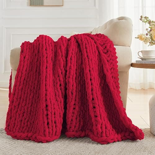 Carriediosa Chunky Knit Throw Blanket 50" X 60", 100% Hand Made Large Chenille Loop Yarn Soft Fluffy Throws for Couch Sofa Bed, Big Crochet Cozy Heavy Thick Cable Woven Blankets, Red thumbnail 2