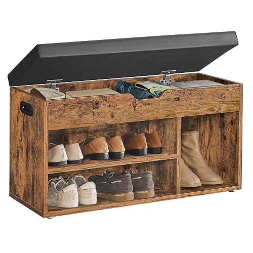 VASAGLE Shoe Bench with Cushion, Storage Bench with Padded Seat, 3 Compartments, Hidden Storage, Shelves, Living Room Lounge Hallway Bedroom, Load Capacity 150 kg, Rustic Brown LHS30BX - Image 1