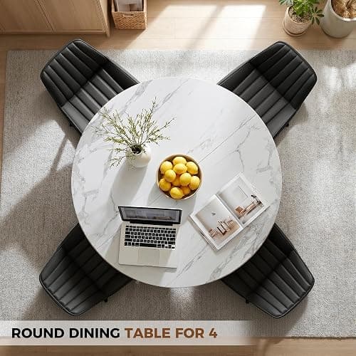 47.3 Inch Round Dining Table Set for 4, Round Kitchen Table with Chairs, Space Saving Dining Room Table set with Storage Shelf for Apartment Kitchen Dining Room, Faux Marble Table+4 Black Chairs thumbnail 5
