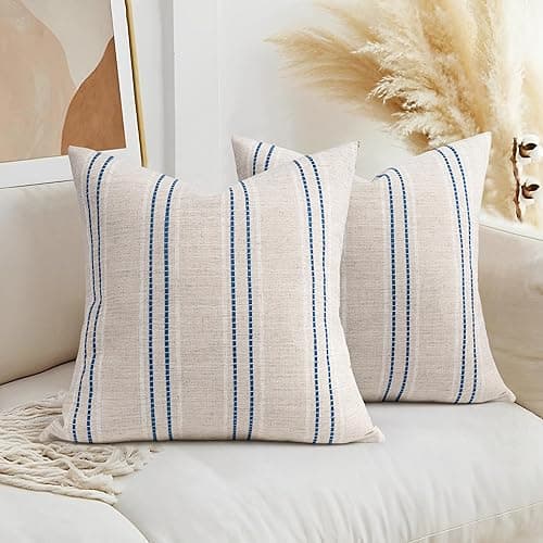 AELS 18x18 Decorative Farmhouse Linen Throw Pillow Covers, Boho Textured Pillow Case, Set of 2,Beige with White & Navy Blue Stitch Yarn Dyed Stripe Cushion Cover for Sofa Couch Living Room(Cover ONLY) - Beige With White & Navy Blue - 18" x 18" (Pack of 2)