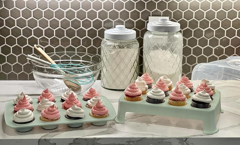 Top Shelf Elements Cupcake Carrier, EXTRA TALL LID, Green Cupcake Holder Carries 24 Standard-Size Cupcakes, Muffin Traveler Two Tier Stand Reusable Cupcake Box thumbnail 2