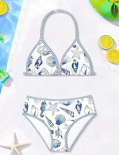 TyeSmo Girls Swimsuit Two Piece Halter Bikini Contrast Trim Girl Bathing Suit Backless Printed Swimwear with Chest Pad 7-14Y thumbnail 6